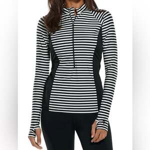 Coolibar UPF 50+ Lawai Ruche Swim Quarter Zip Black Striped Shirt Plus Size 2X